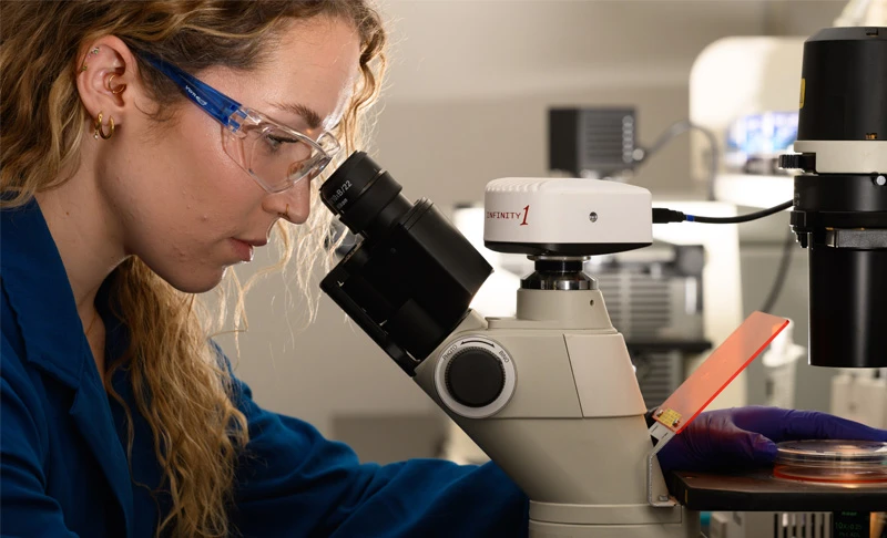 A female researcher wearing safety glasses and a blue lab coat peers intently through a microscope. A gloved hand positions a petri dish beneath the lens.