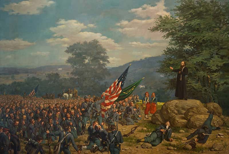 A painting of Fr. Corby giving general absolution to the Irish Brigade before the Battle of Gettysburg.
