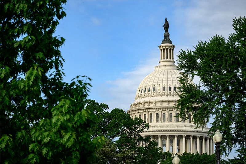 The dome of the U.S. Capitol building, framed by green trees against a blue sky with white clouds.