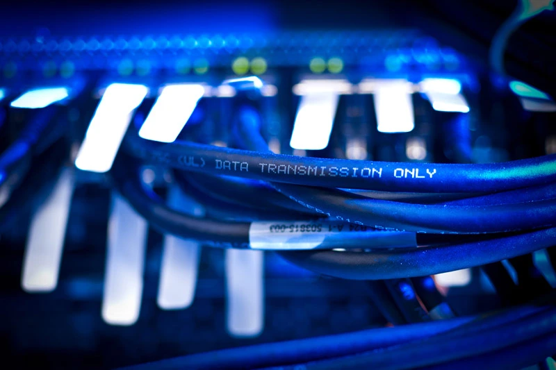Close-up of dark blue data transmission cables in front of a blurred server rack bathed in blue light.