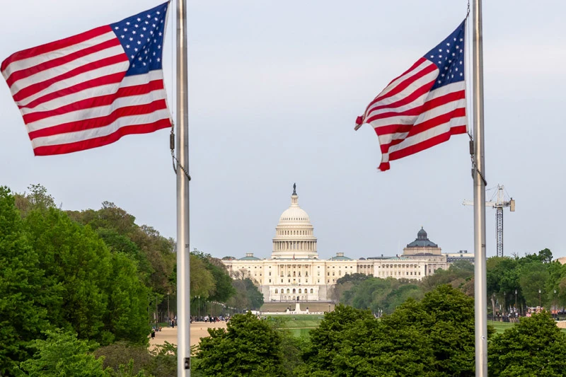 A view of the U.S. Capitol building framed by two American flags in the foreground on a cloudy day.