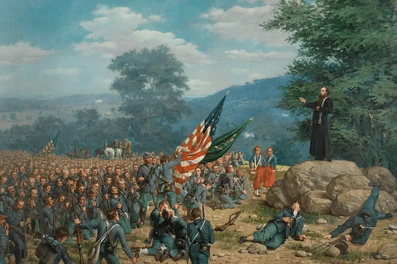 A historical painting depicting a priest in black vestments standing on rocks to address a large formation of kneeling and seated soldiers in blue Civil War uniforms.