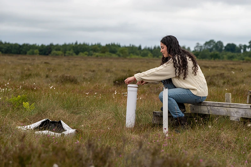 A woman with long dark hair, wearing a white sweater and jeans, kneels on a wooden plank in a grassy bog, tending to a scientific instrument.