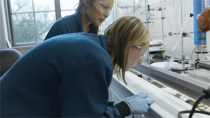 Two researchers in blue shirts and safety goggles lean over lab equipment, one focused closely on the apparatus.
